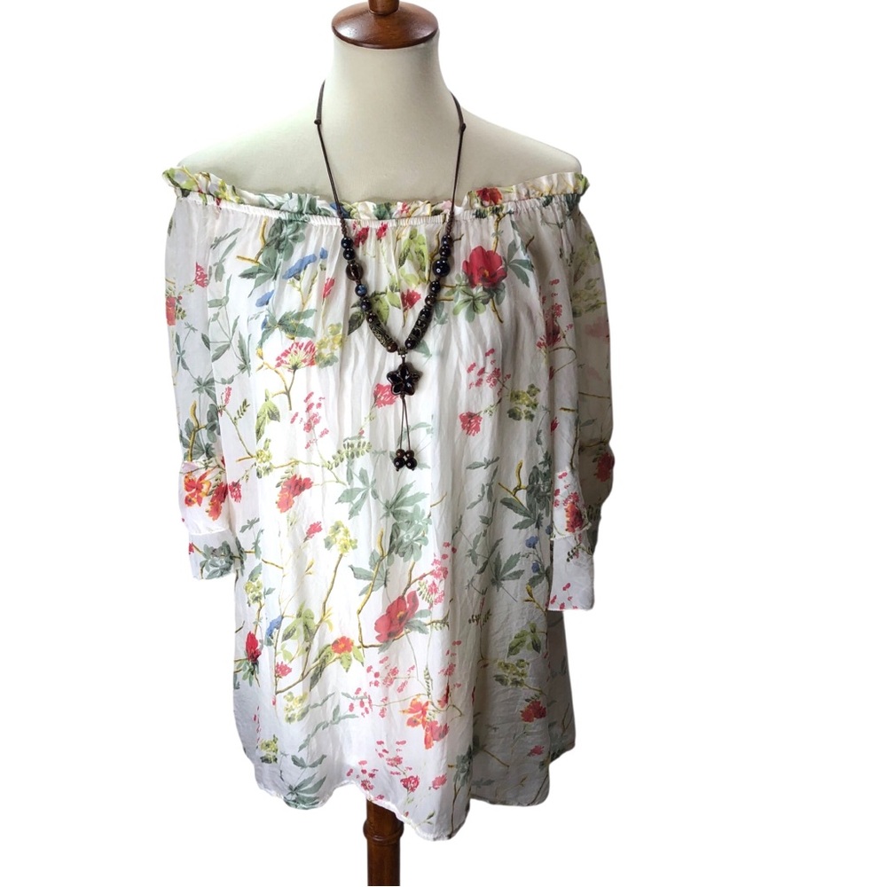 Bellambra Italian Silk Floral Blouse Top Sz L Feminine Romantic Boho Tunic Flowy